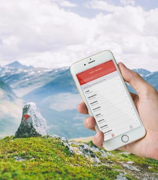 Telefonskjerm med betalingsapp foran flott fjellandskap