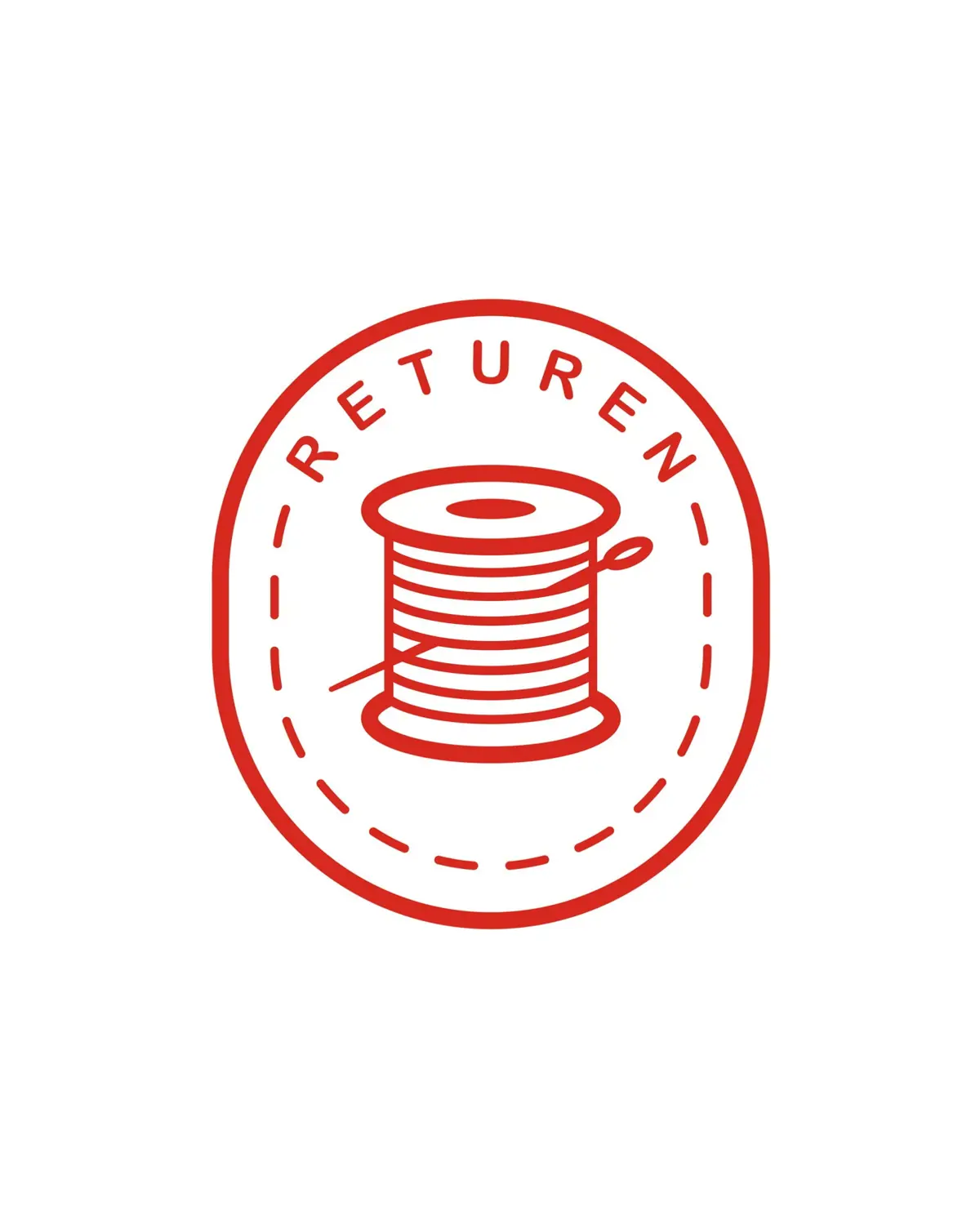 ReTuren logo, rød på hvit bakgrunn. Trådsnelle med nål
