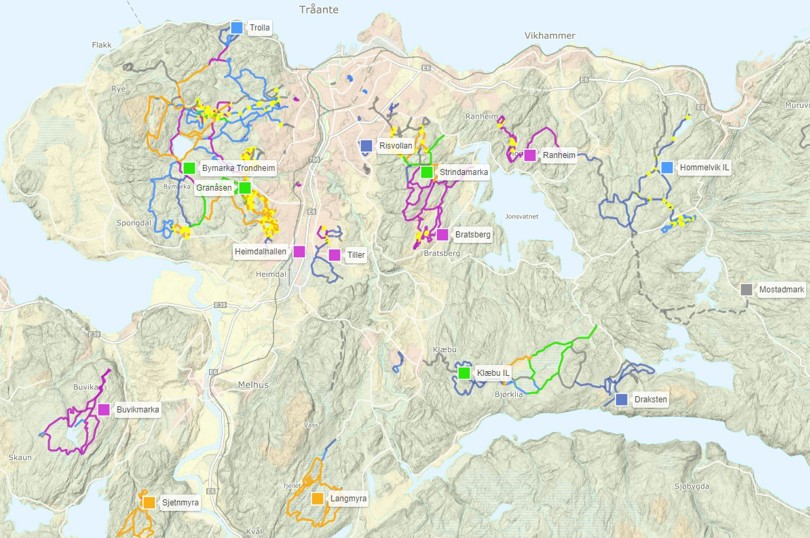 Kart over de forskjellige oppkjørte løypene i Trondhjemsområdet