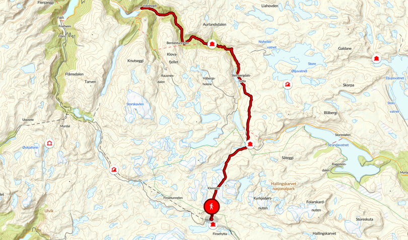 Kart over ruten fra Finsehytta til Aurlandsdalen