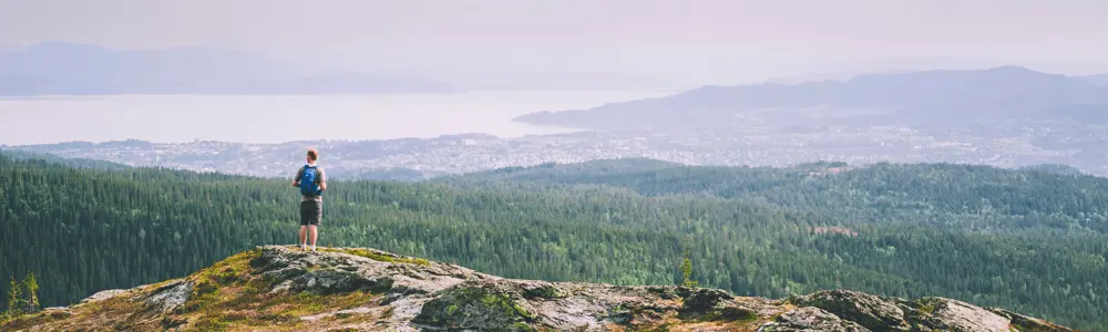 En utsikt over et skoglandskap, som strekker seg helt mot en fjord i bakgrunnen. I forgrunnen står en mann på en liten åstopp, og ser utover, med sekk på ryggen. 