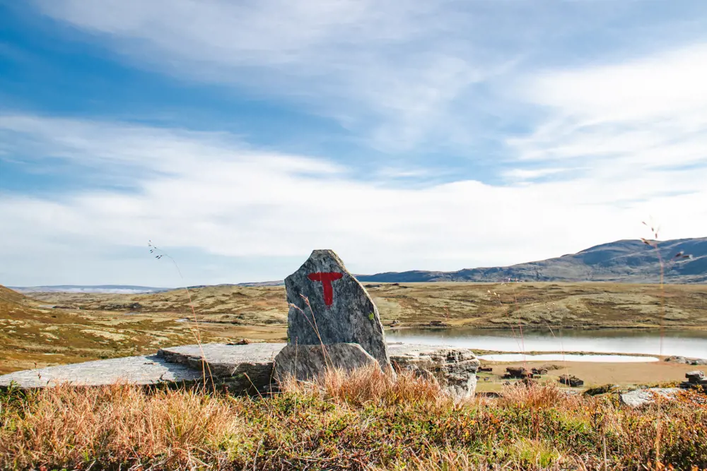 En åpen slette på fjellet, med en stein-varde midt i bildet. En stående flat stein med en rød T malt på. Øverste halvdel av bildet er himmel, med spredte hvite skyer. Resten er flatt åpent landskap dekket av gul-grønn vegetasjon. Fjell i bakgrunnen