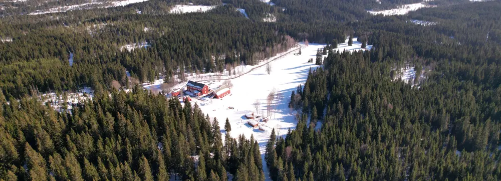 Dronebilde av en klynge rødmalte bygninger sett langt ovenfra på vinterstid, med skoglandskapet rundt