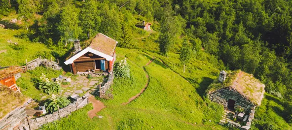 en hytte i grønt fjellområde