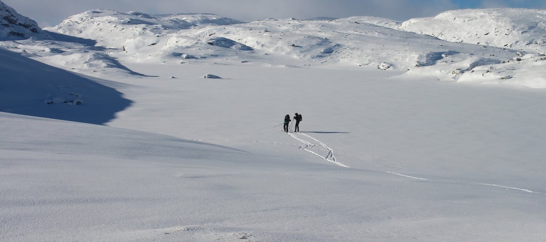 Snødekt landskap. 2 personer står med ski på et vann. Det er lett overskyet vær. 