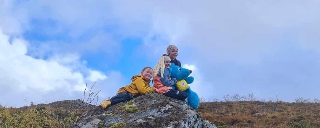 Barn med Turbo-bamse på en stein