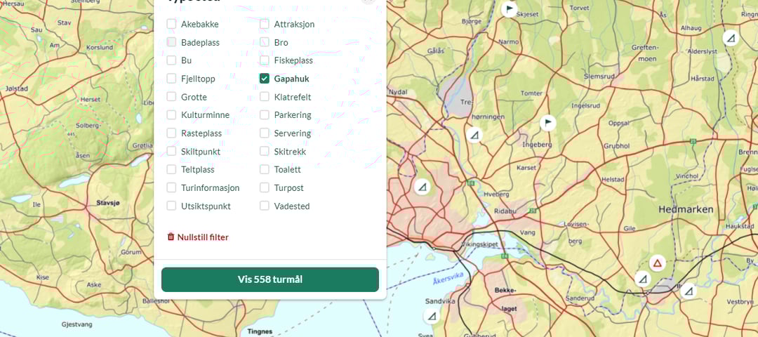 Filtrering av gapahuker som turmål på UT.no