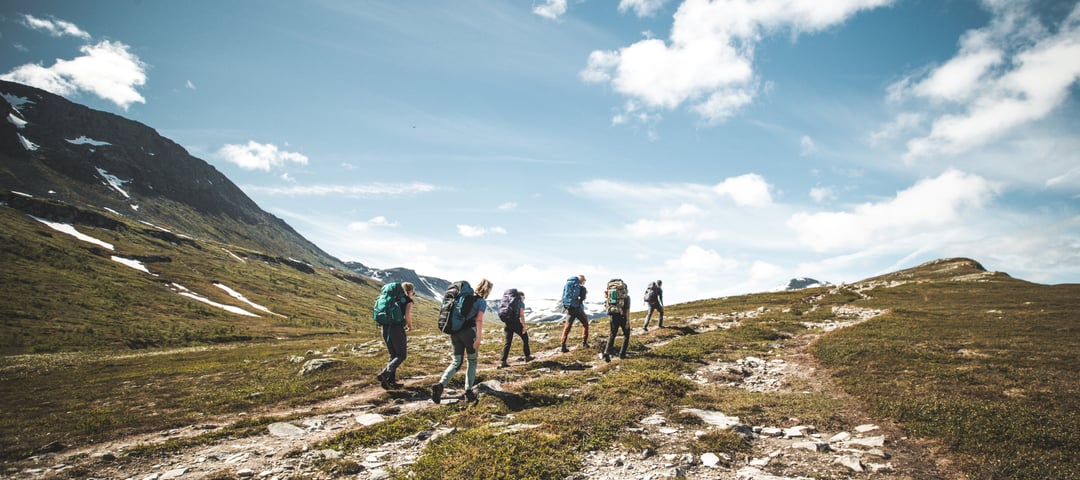 Bildet viser en gruppe mennesker på rekke og rad langs en sti i fjellet i fint sommervær.