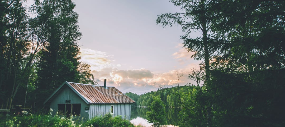 Grå hytte ved vann i skogen