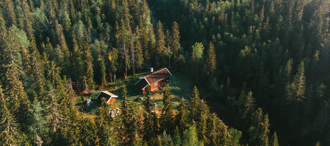 Luftfoto av en liten, rød trehytte med et hvitt skorsteinsrør, omgitt av tett skog i Nordmarka.