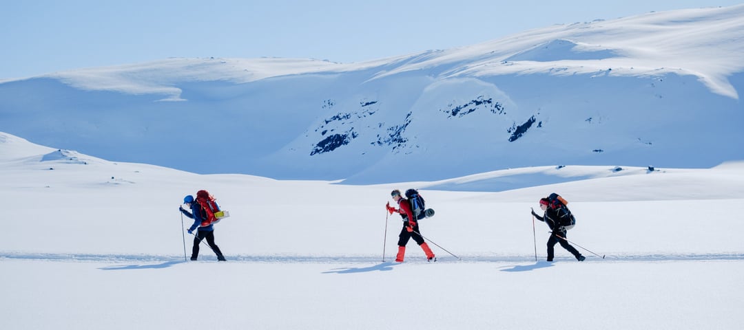 Tre skiløpere i vinterkledd fjellandskap