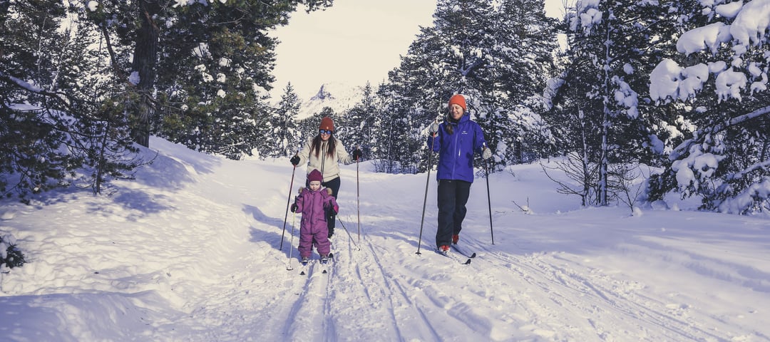 To voksne og et barn som går på langrenn