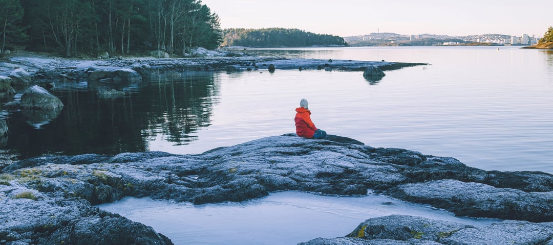 bilde av en person i oransj jakke som sitter på svaberg og ser utover vannet.