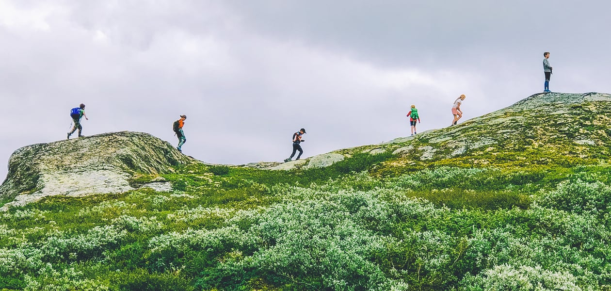Seks barn/juniorer på tur i fjellet.