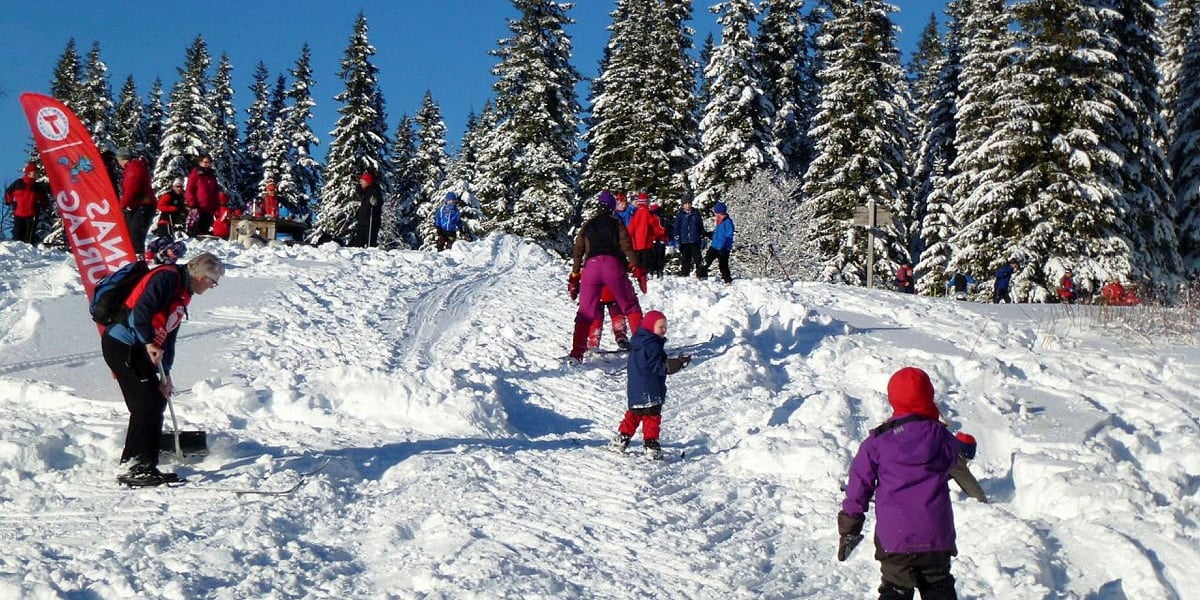 Barn leker på ski i akebakke
