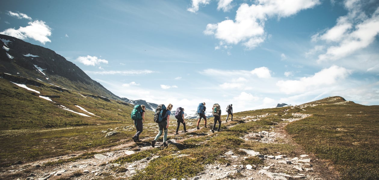 Bildet viser en gruppe mennesker på rekke og rad langs en sti i fjellet i fint sommervær.