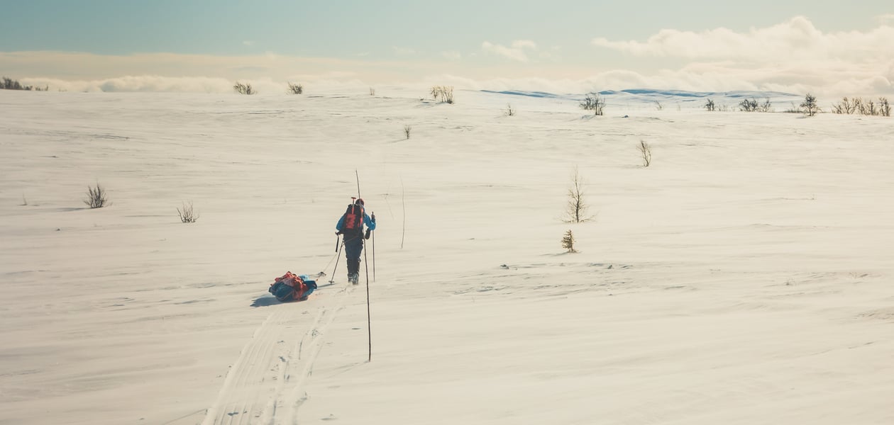 Mann med fjell og pulk som går langs en kvistet løype