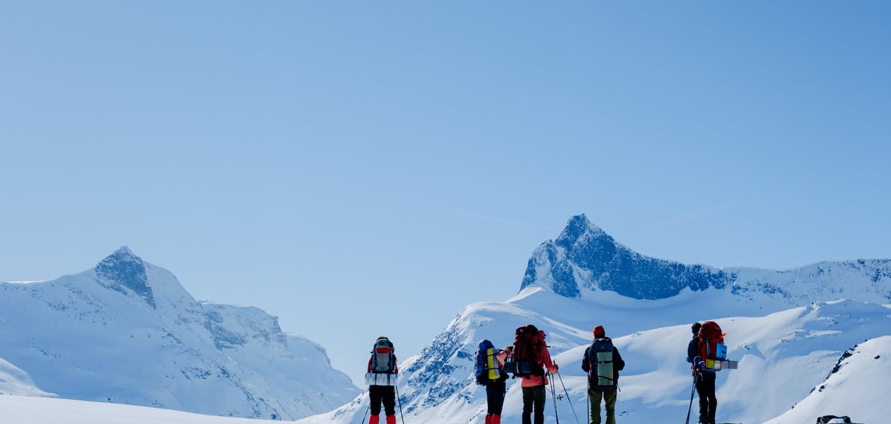 En gruppe mennesker som ser utover et snødekket fjellandskap