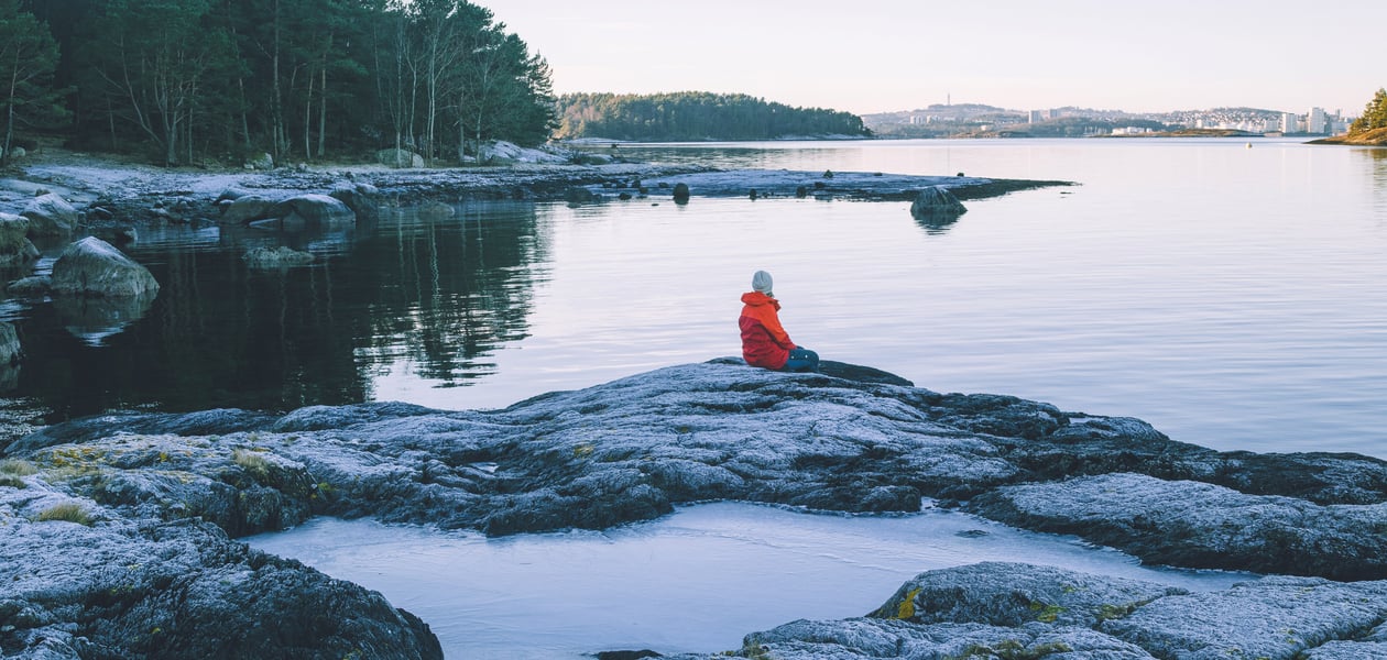 bilde av en person i oransj jakke som sitter på svaberg og ser utover vannet. 