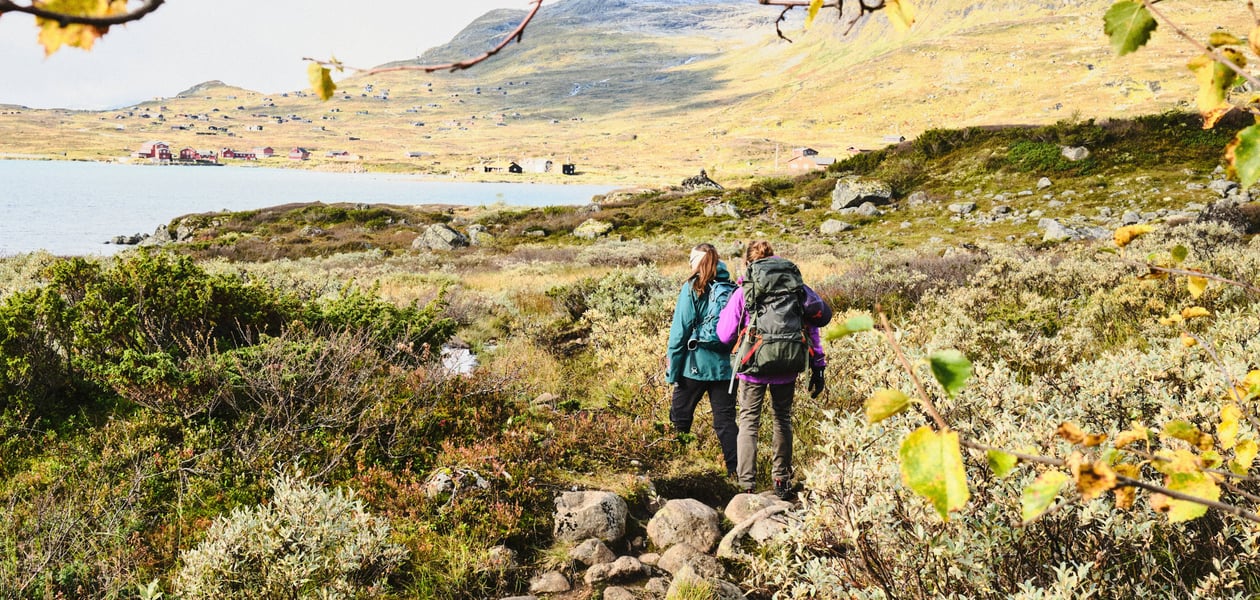 To personer med sekk som går på en sti i grønt fjellterreng
