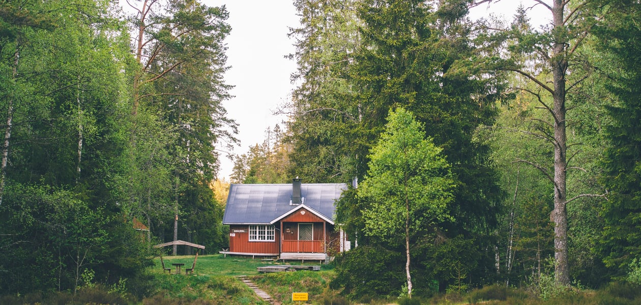 Rød hytte i skogen