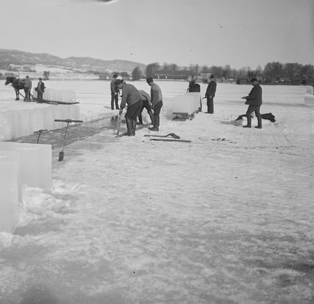 Svart-hvittbilde av mennesker som skjærer is på et vann