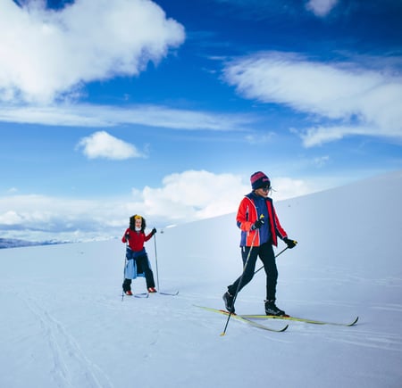 To skiløpere på langrennsski i vinterlig landskap