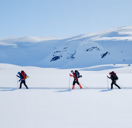 Tre skiløpere i vinterkledd fjellandskap