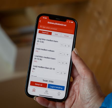Mobiltelefon i hånden med ulike hyttekategorier.