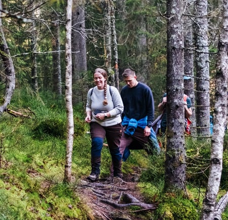 To personer som går på en sti gjennom en skog