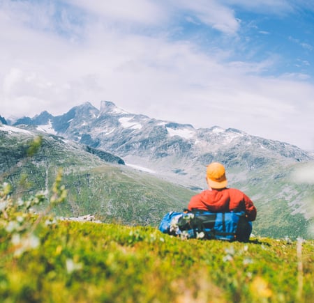 en person som sitter i en blomstereng med fjell i bakgrunnen