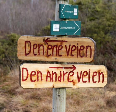 Et skilt som peker to veier, den ene veien står det på ene delen av skiltet og den andre veien står det på den andre delen av skiltet.