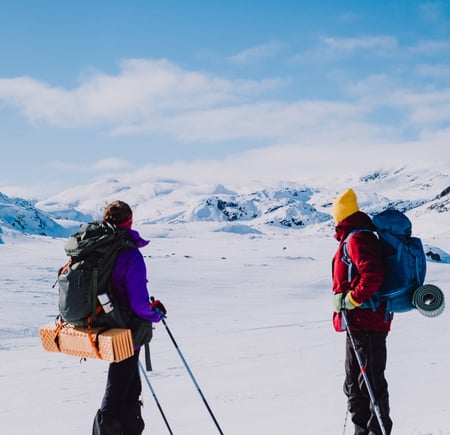 To mennesker på ski ser ut mot vinterlandskap