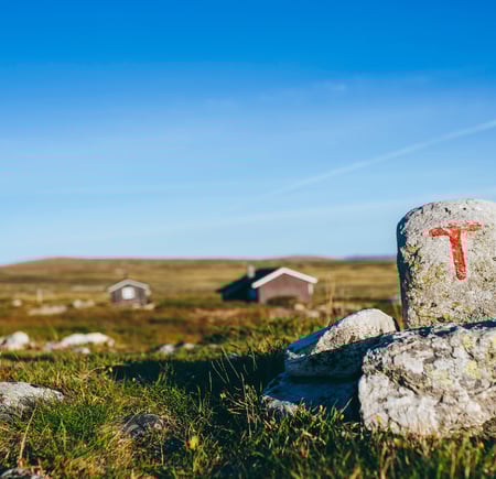 Varde med rød T og hytte i bakgrunnen.