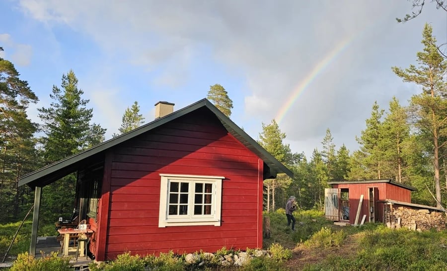 Rød hytte i skogen