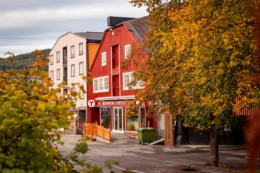 Fasadene på en rekke bygninger i en gate i Trondheim, med et par trær foran dem. Den røde bygningen i midten er Turisforeningens lokaler.