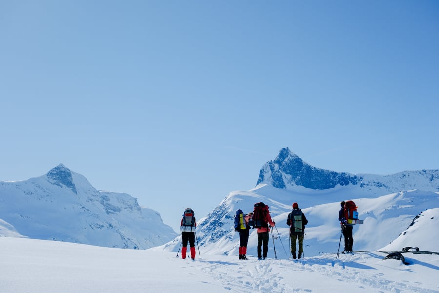 En gruppe mennesker som ser utover et snødekket fjellandskap