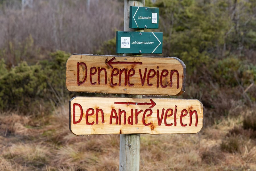 Et skilt som peker to veier, den ene veien står det på ene delen av skiltet og den andre veien står det på den andre delen av skiltet.