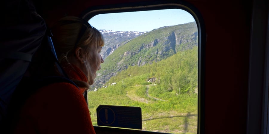 Dame som kikker ut av togvinduet og ser grønn natur.