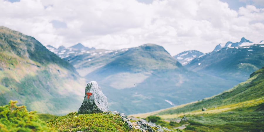 Rød T malt på en stein i vakker fjellnatur