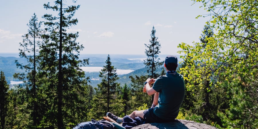 En person med caps som ser utover et landskap