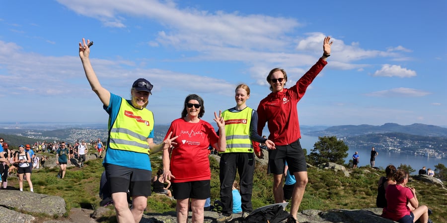 Gruppe mennesker står på en topp og jubler