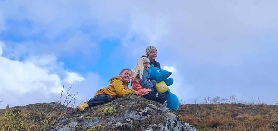 Barn med Turbo-bamse på en stein