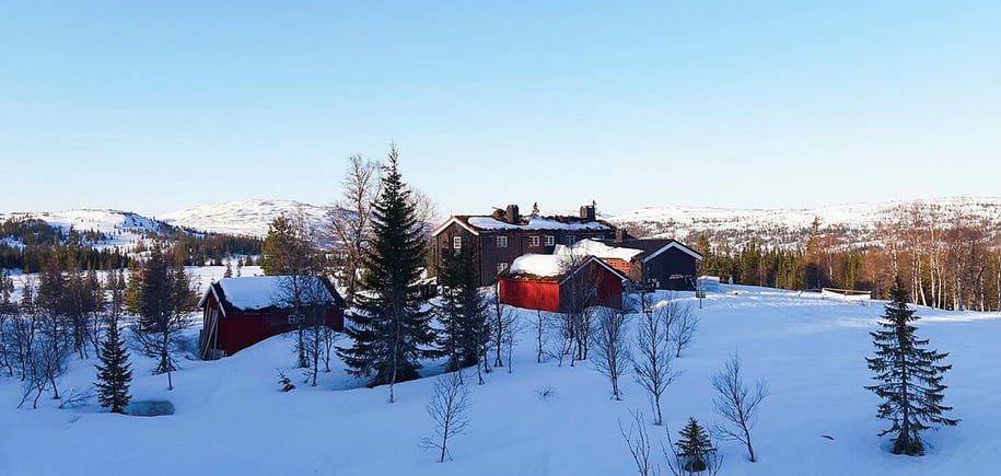 To mindre bygninger rundt en større to-etasjes L-formet brun hytte, i dyp snø, med spredte trær rundt som etterhvert blir tett nok til å være en skog
