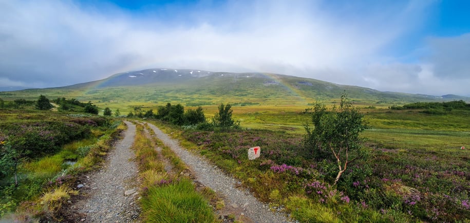 Naturlandskap, hvor en litt overvokst vei med to hjulspor strekker seg fra synspunktet og inn i bildet. På høyresiden av veien er en liten hvit vardestein med påmalt rød T. Mellom oss og fjellet i bakgrunnen kan man så vidt skimte en regnbue. 