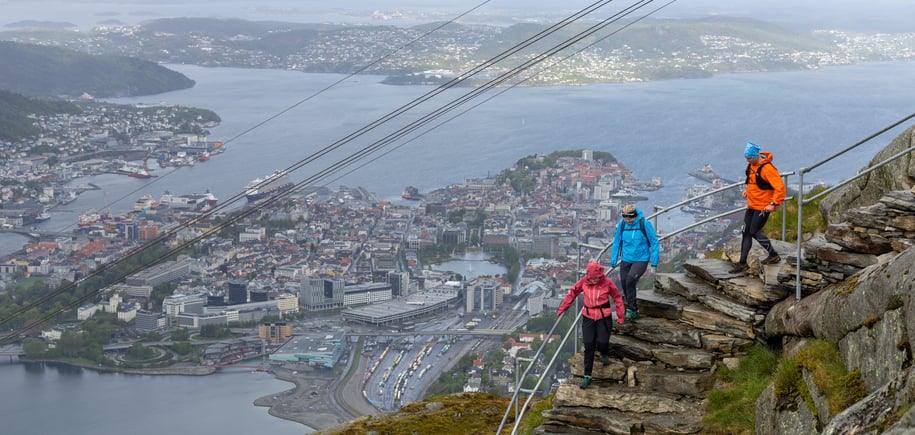 Personer på vei ned trapp med utsikt mot fjord i bakgrunnen. 