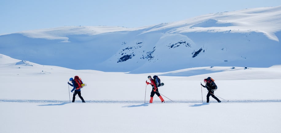 Tre skiløpere i vinterkledd fjellandskap