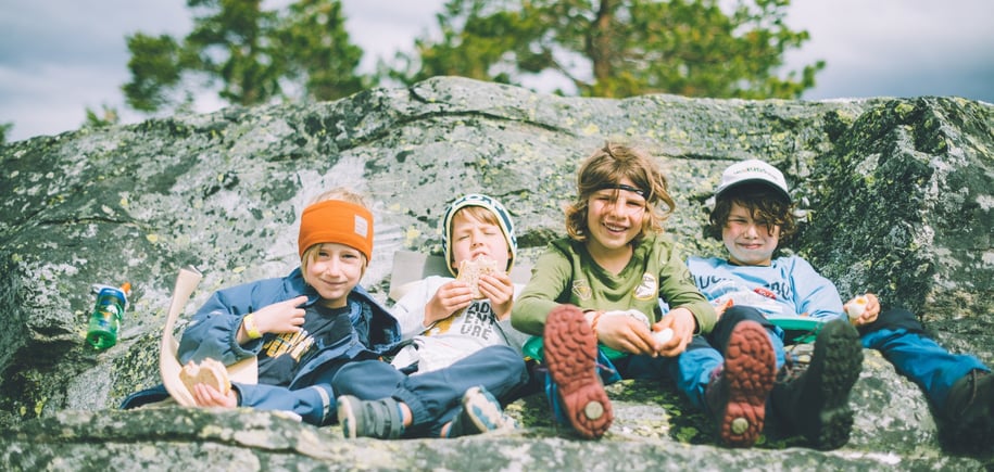 4 barn som sitter på en fjellhylle