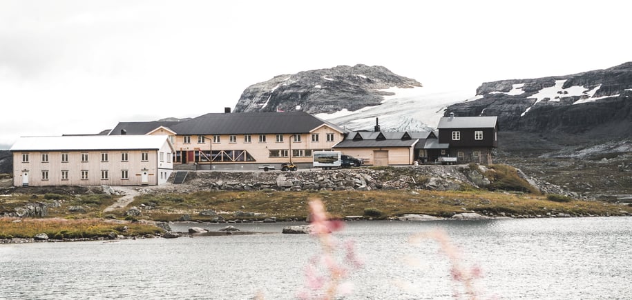 To svartmalte hytter med vann og blomster i forgrunnen