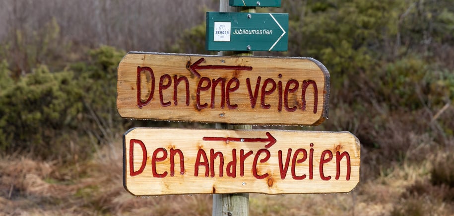 Et skilt som peker to veier, den ene veien står det på ene delen av skiltet og den andre veien står det på den andre delen av skiltet.